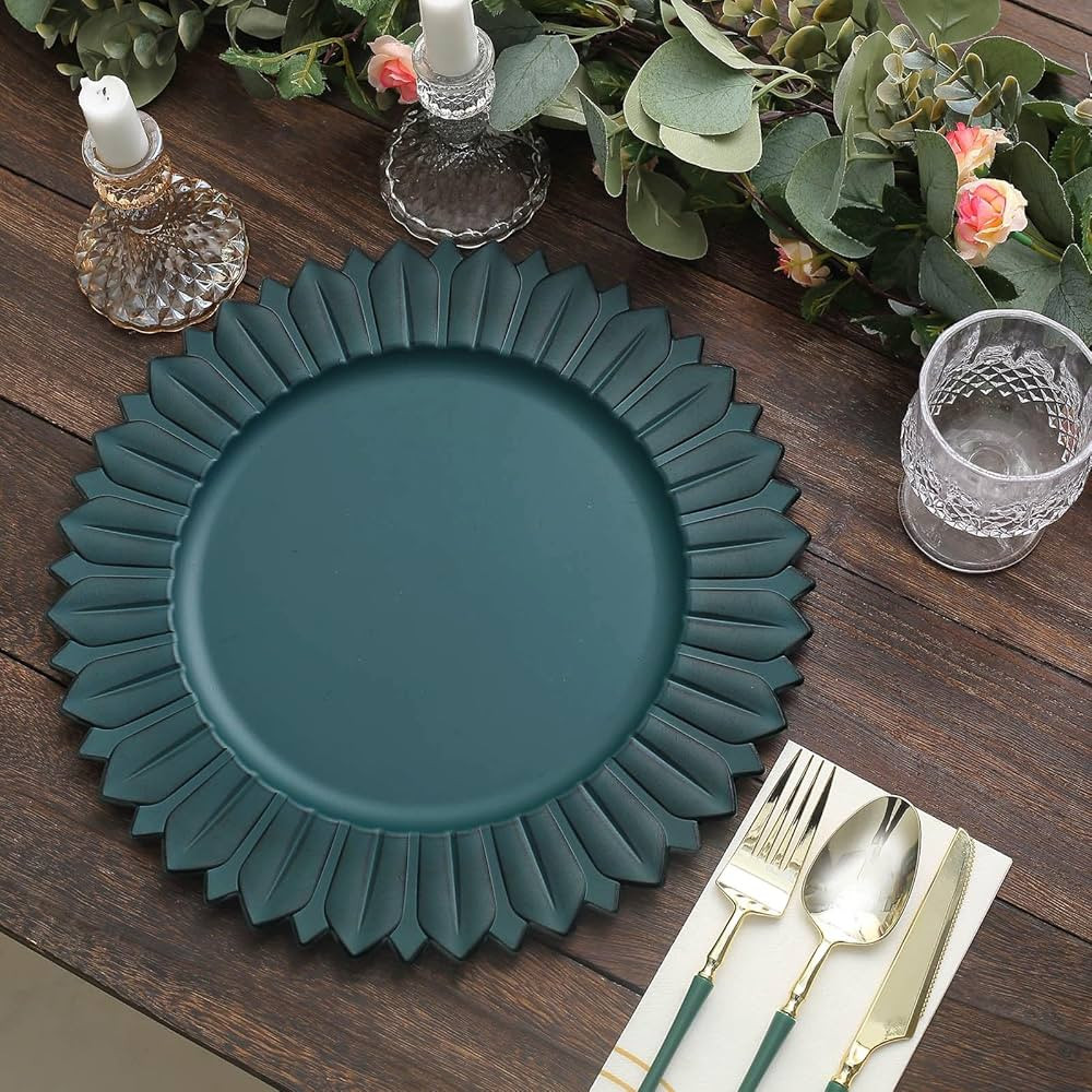 Efavormart 6 Pack | 13" Matte Teal Sunflower Plastic Dinner Charger Plates, Disposable Round Serv... | Amazon (US)