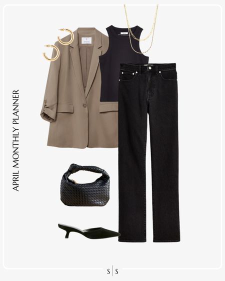 Monthly outfit planner: APRIL: Spring looks | straight black jean, black tank, oversized blazer, heeled mules, woven handbag

See the entire calendar on thesarahstories.com ✨ 


#LTKstyletip