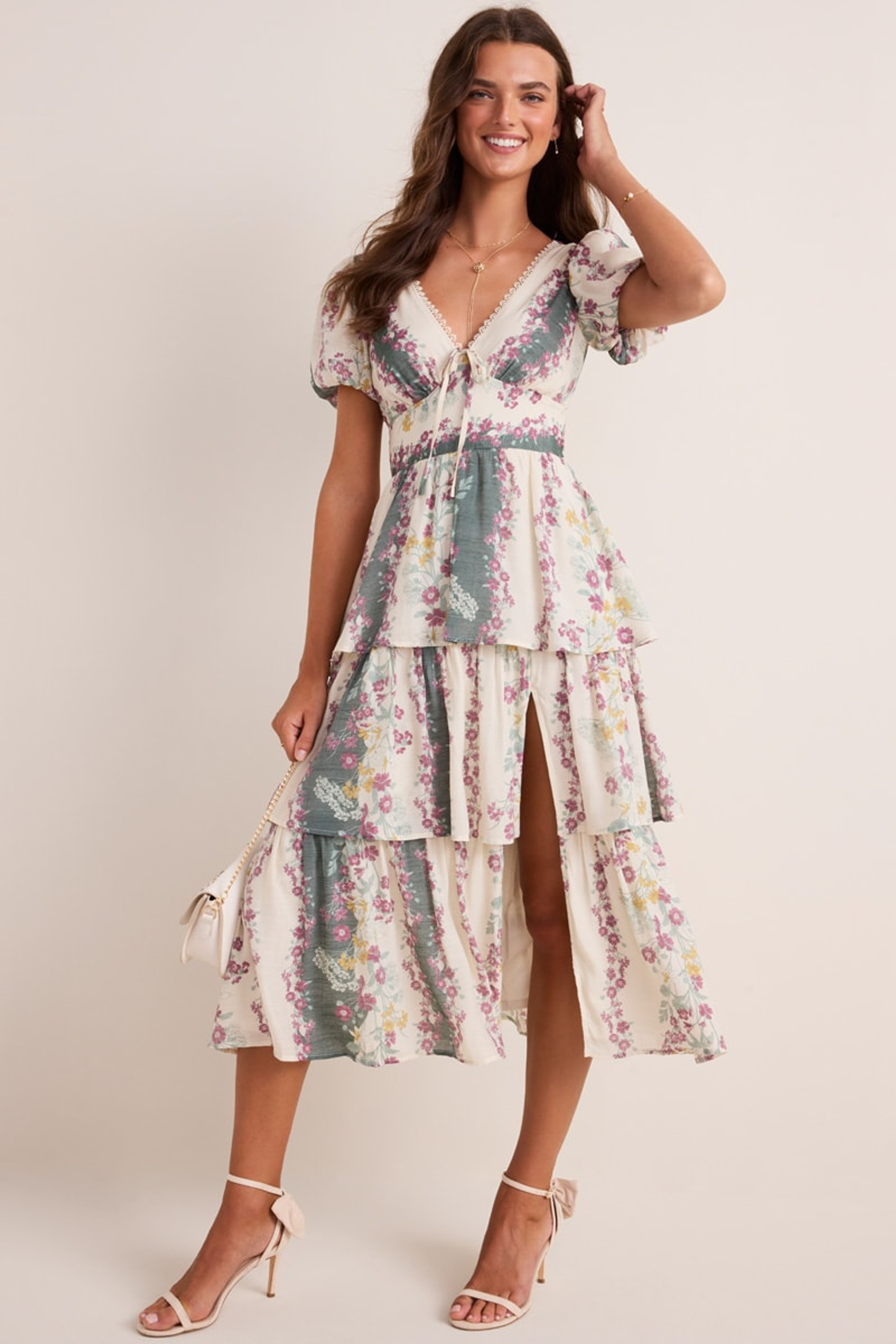 Hillary V Neck Tiered Floral Midi Dress | Francesca's