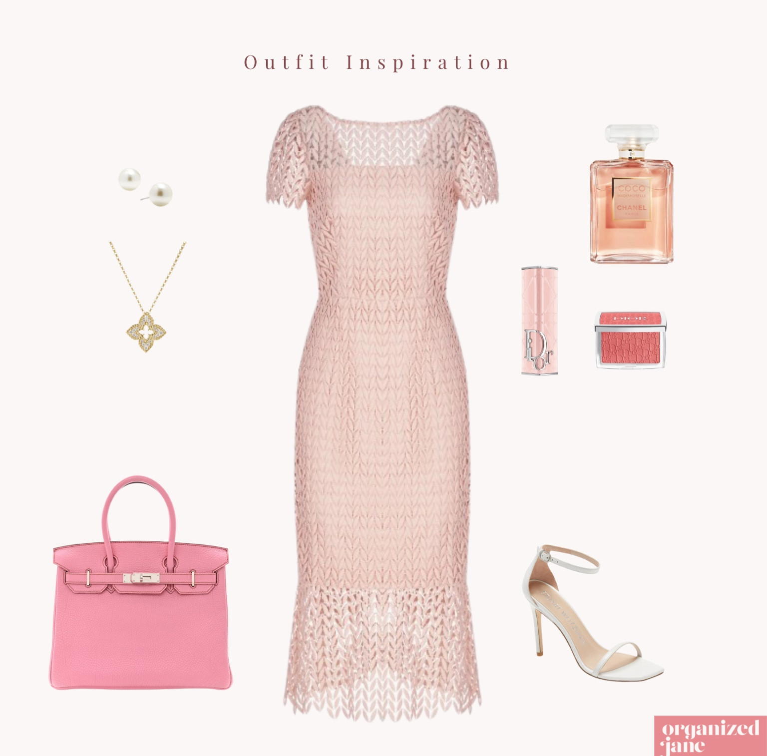 🌸 Pretty in Pink! This delicate lace dress is your go-to for a sophisticated and feminine look. Pair it with pearl earrings, a subtle gold necklace, and a chic pink bag for the ultimate elegance. Finish with a touch of blush and a spritz of your favorite perfume. Stay organized and effortlessly stylish! 🌷👗✨ #OrganizedJane #ElegantStyle #FashionInspo