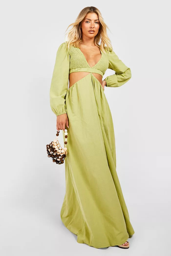 Linen Shirred Detail Cut Out Maxi Dress | Boohoo.com (UK & IE)