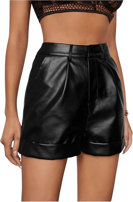 WDIRARA Women's High Waisted PU Leather Shorts Roll Hem Shorts with Pockets | Amazon (US)