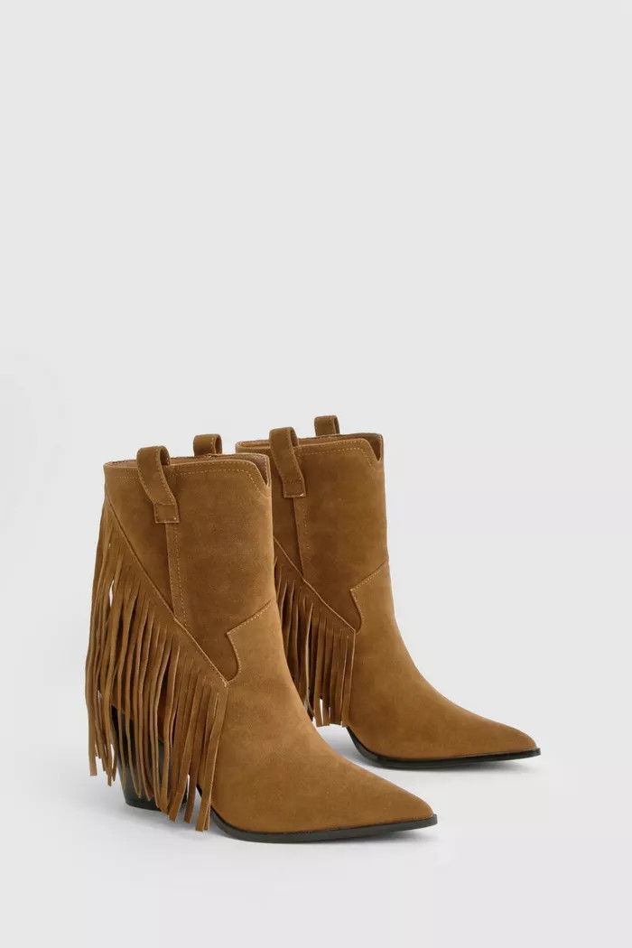 Wide Fit Faux Suede Fringe Tassel Detail Heeled Western Ankle Boot | Boohoo.com (UK & IE)