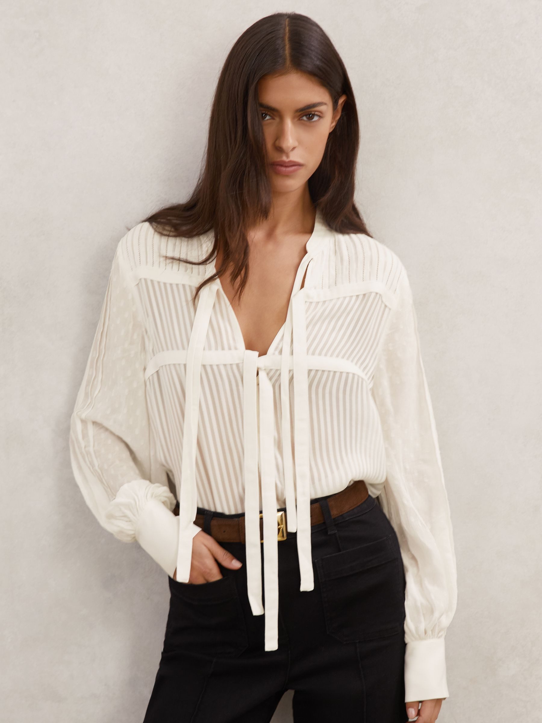 Reiss Tie-Detail Shadow-Stripe Blouse in Ivory - REISS | Reiss UK