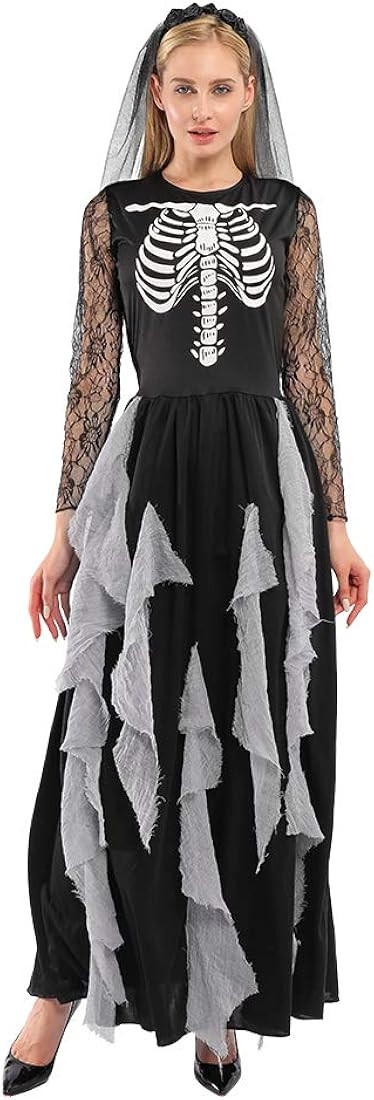 EraSpooky Women Skeleton Zombie Bride Costumes Halloween Cosplay Fancy Party Dress with Hair Band | Amazon (US)
