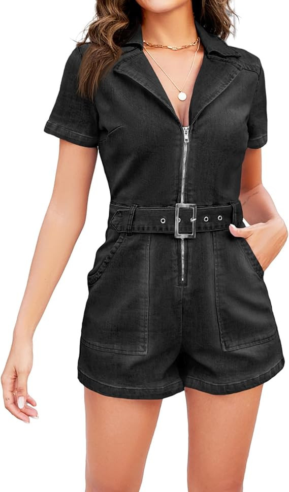 Women's Short Sleeve Notch Lapel Denim Romper Zip Up Belt Stretchy Slim Jeans Jumpsuit Rompers | Amazon (US)