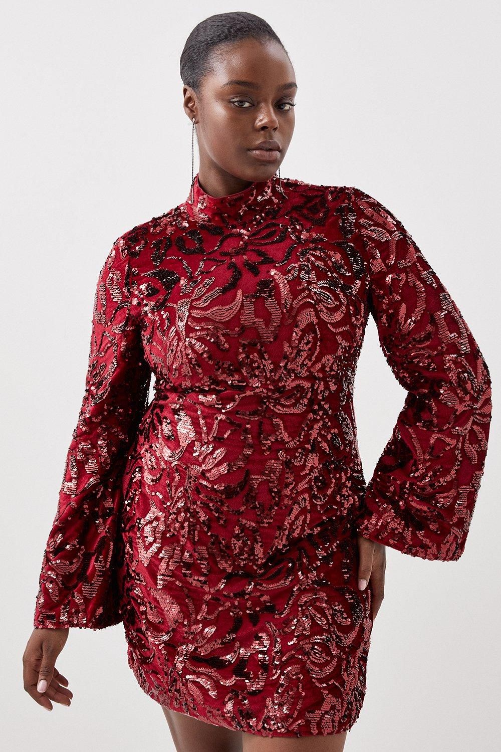 Plus Size Velvet Sequin Woven Aline Dress | Karen Millen UK + IE + DE + NL