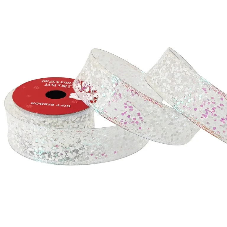 White and Iridescent Glitter Mesh Wired Christmas Ribbon, 1.5" x 15', by Holiday Time | Walmart (US)