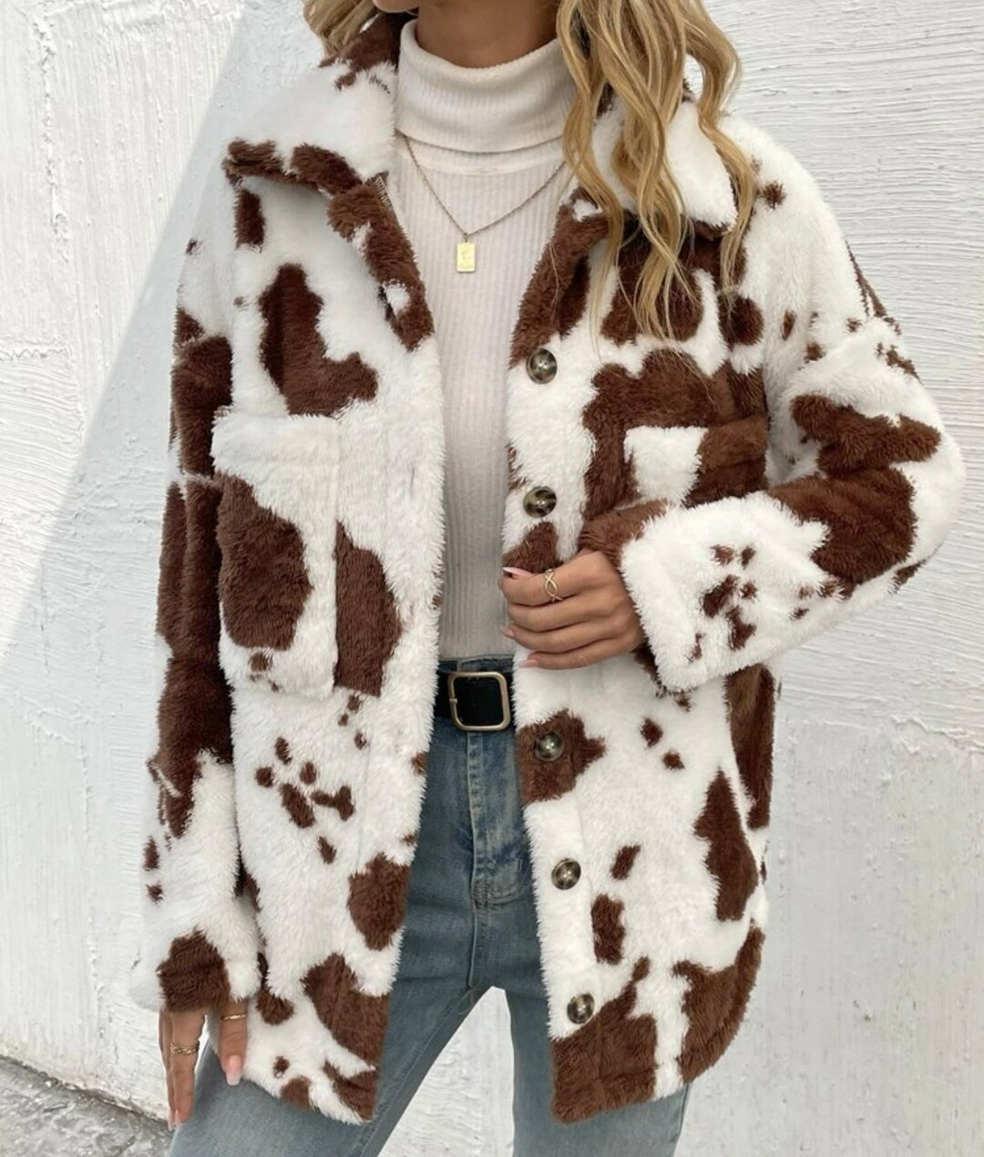 Brown and white button down jacket/Fall Women’s Cow Print/cow print/winter/fuzzy/fleece/brown/w... | Etsy (US)