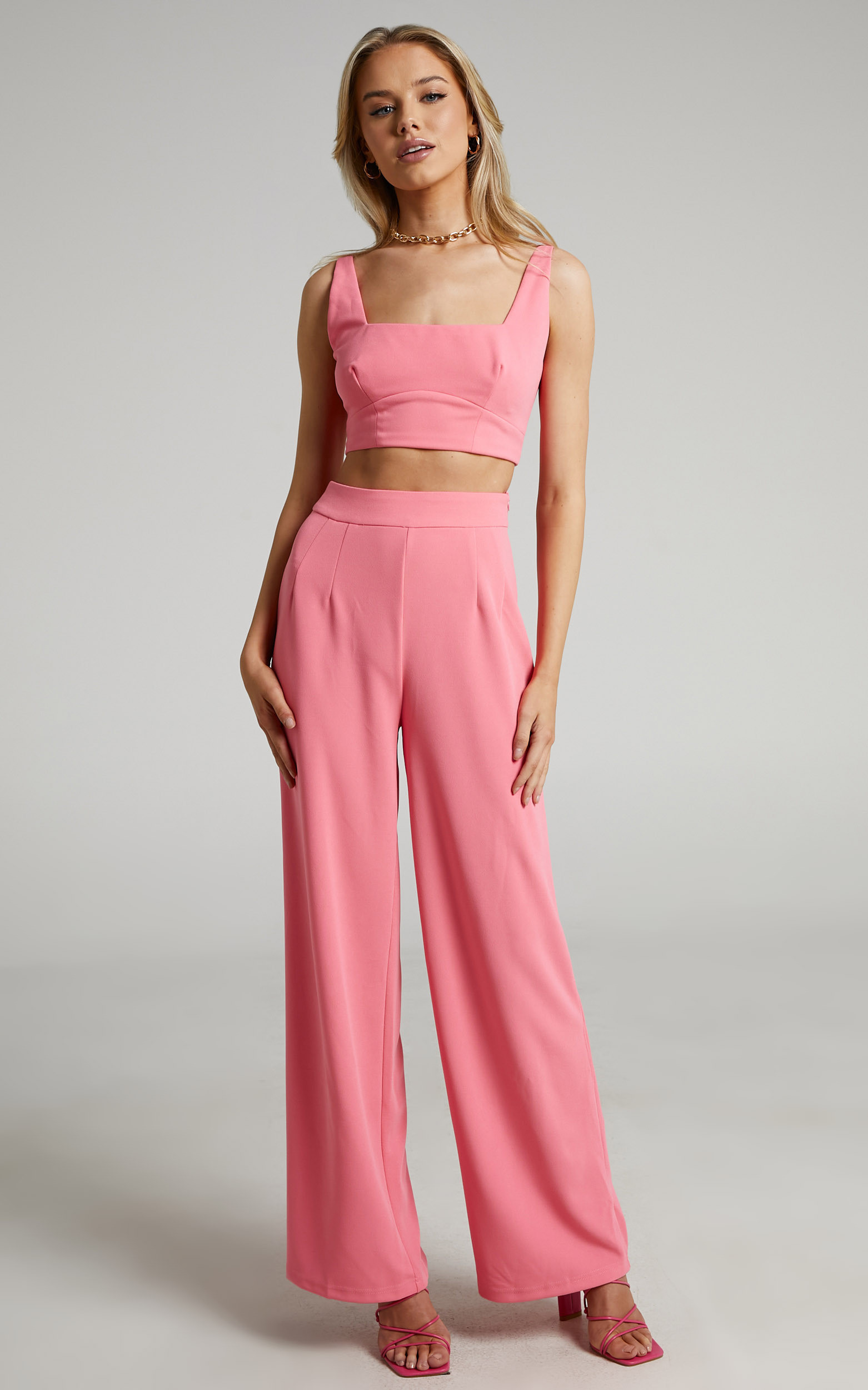 Elibeth Two Piece Set - Crop Top and High Waisted Wide Leg Pants in Bubblegum Pink | Showpo (US, UK & Europe)