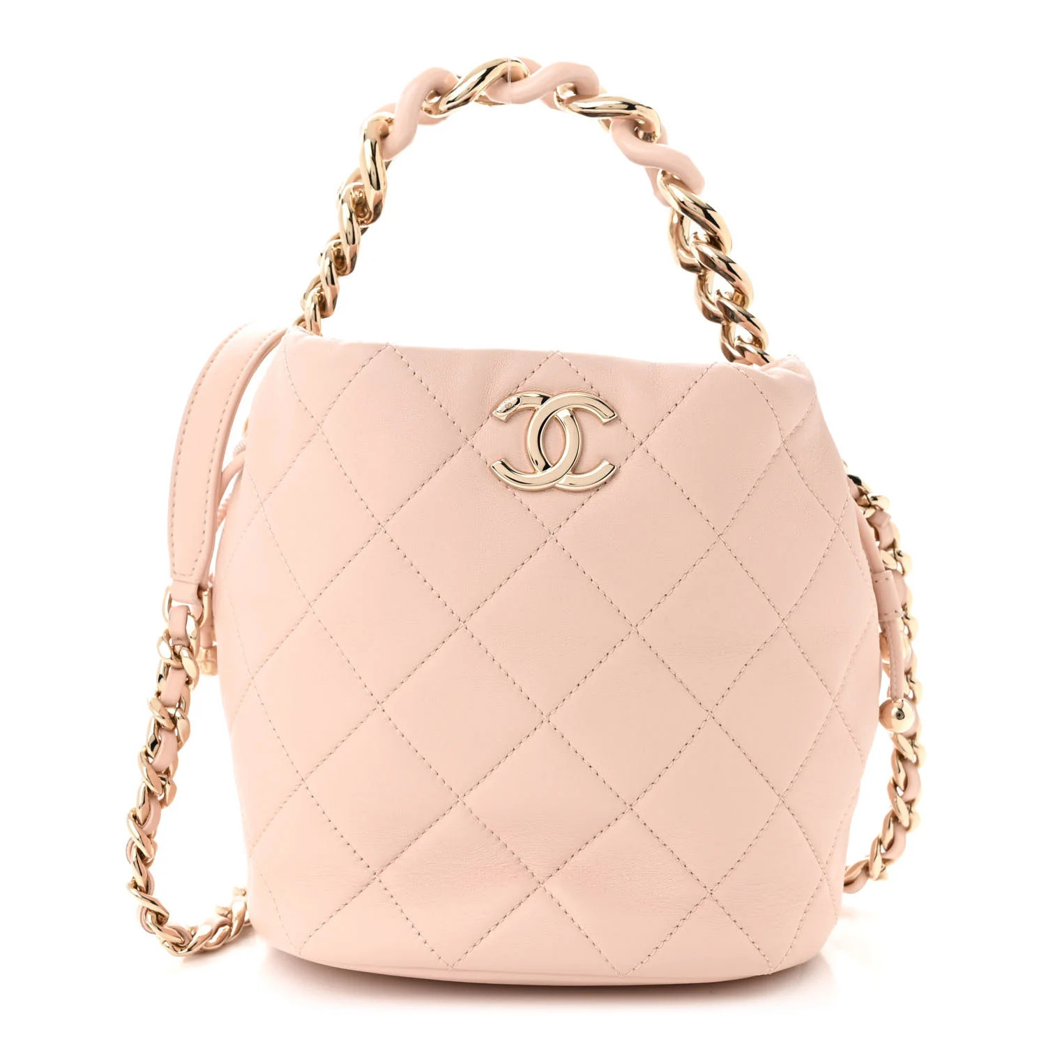 Lambskin Quilted Resin Bi-Color Chain Bucket Bag Light Beige | FASHIONPHILE (US)