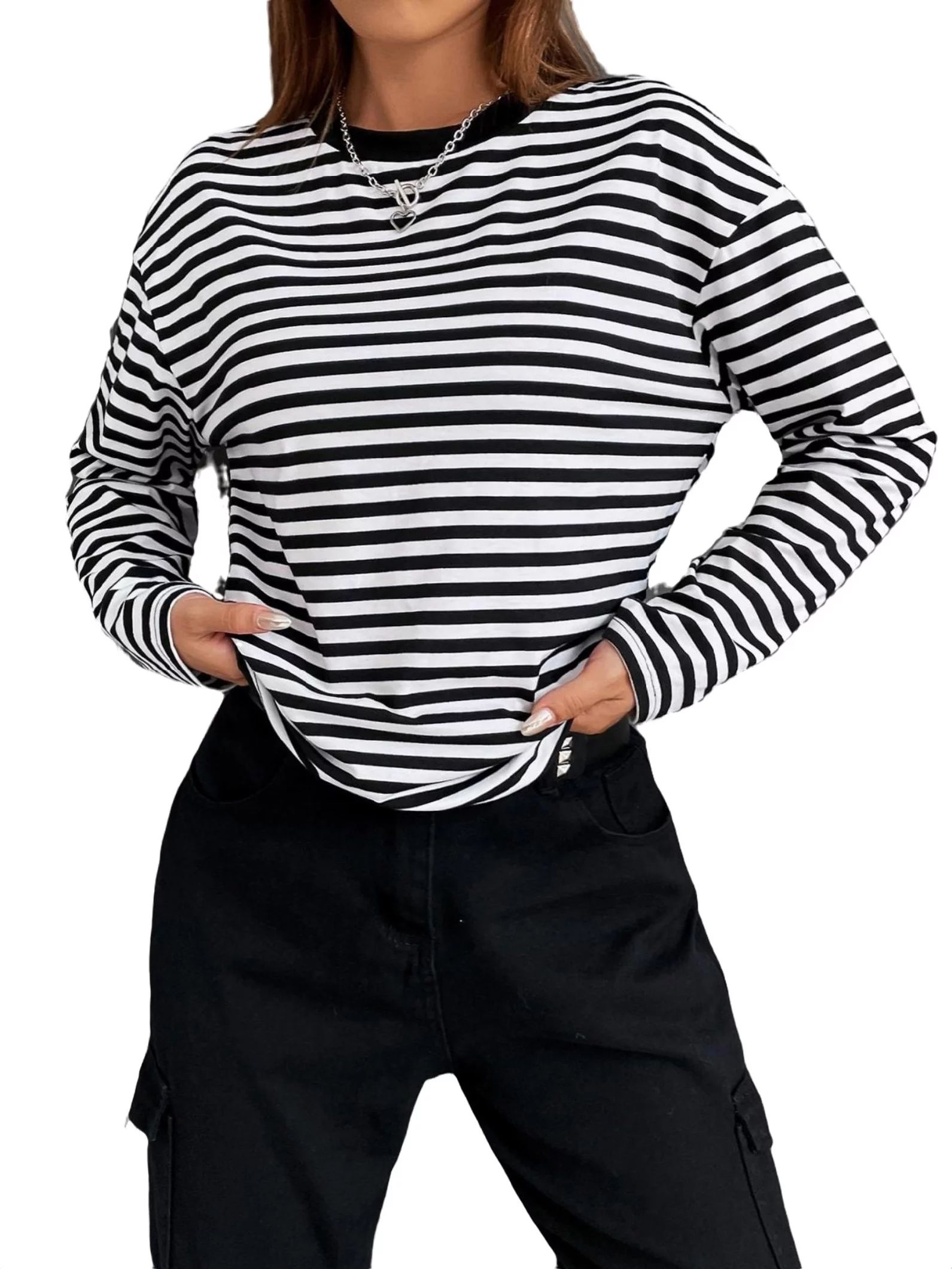Women's Casual Striped Round Neck Long Sleeve Black and White T-Shirts L | Walmart (US)