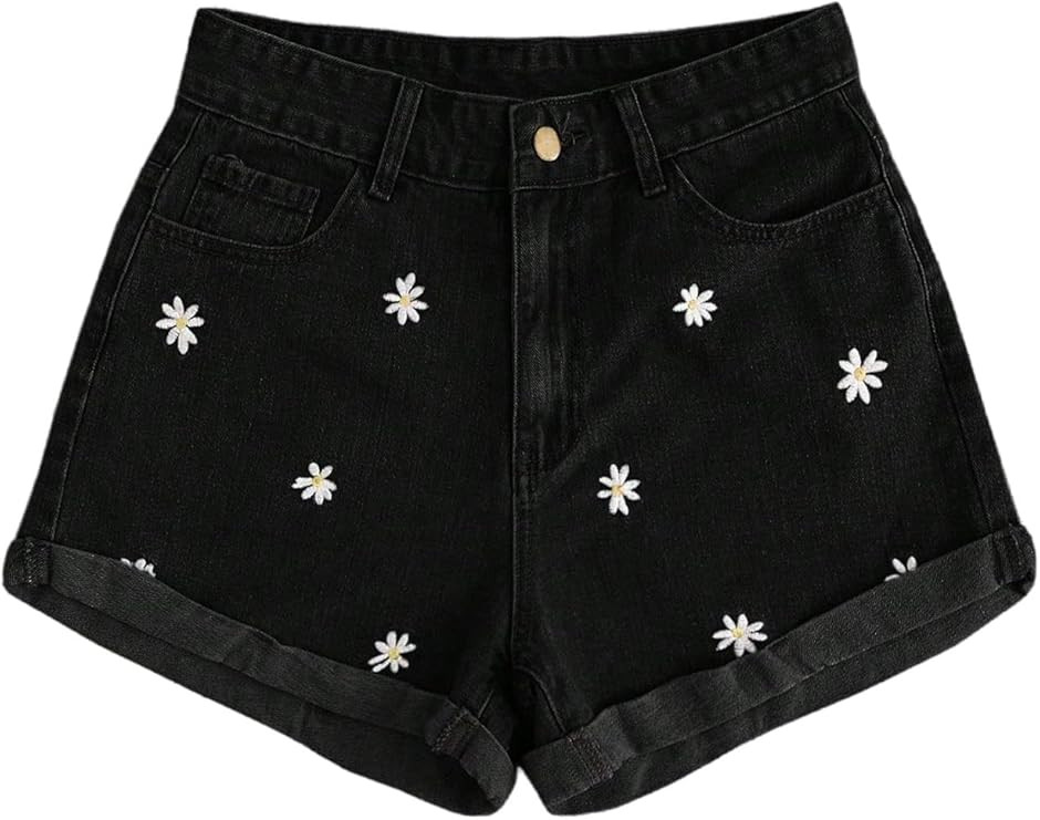 OYOANGLE Women's Floral Denim Shorts Zipper Fly Wide Leg Embroidered Jean Shorts with Pockets | Amazon (US)