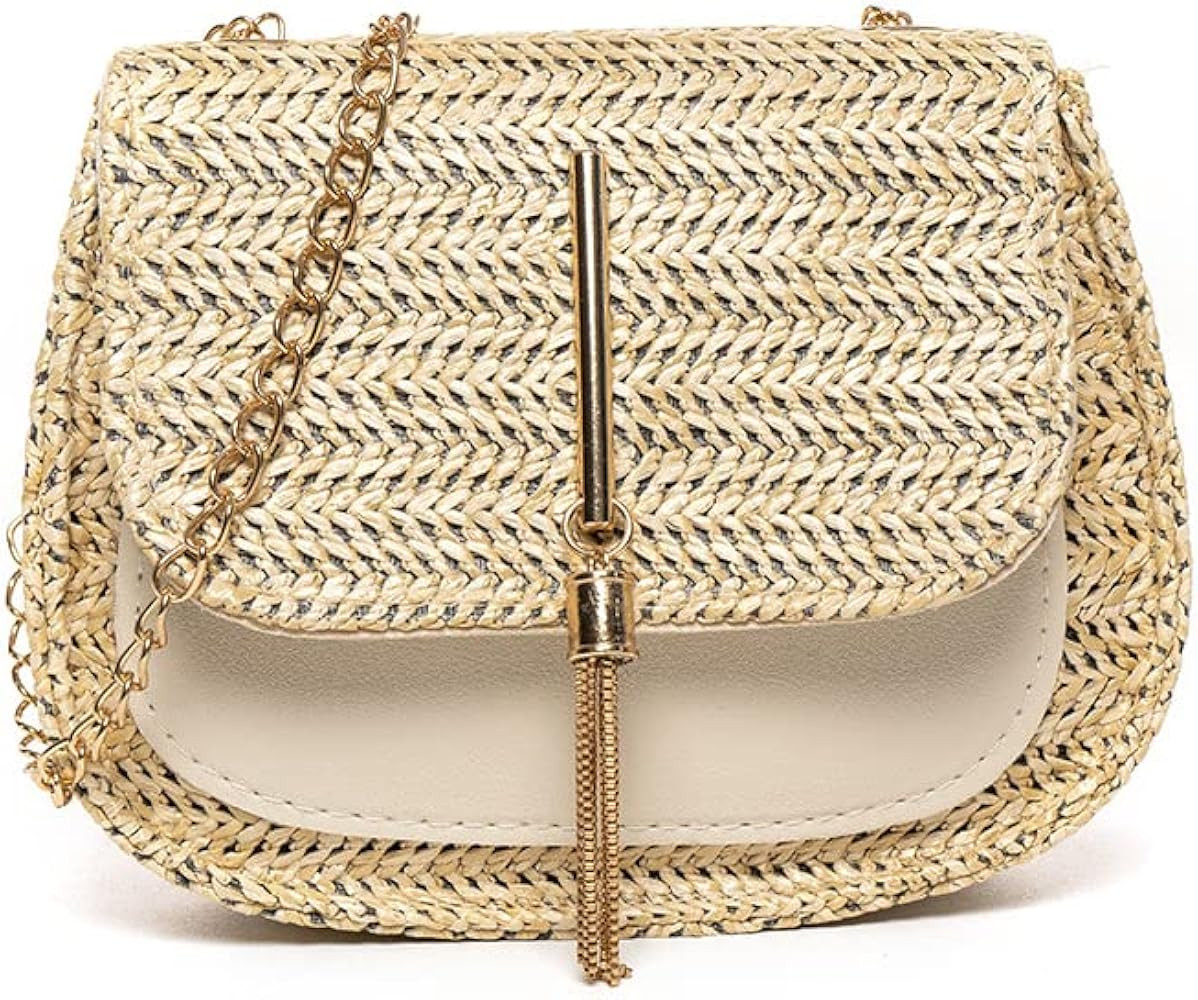 Women Summer Straw Woven Beach Purse Bag Simple Casual Stitching PU Tassel Shoulder Bag | Amazon (US)