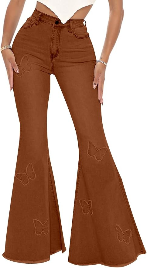 Women's Butterfly Bell Bottom Jeans Elastic High Waisted Embroidered Classic Flareed Jeans Raw He... | Amazon (US)