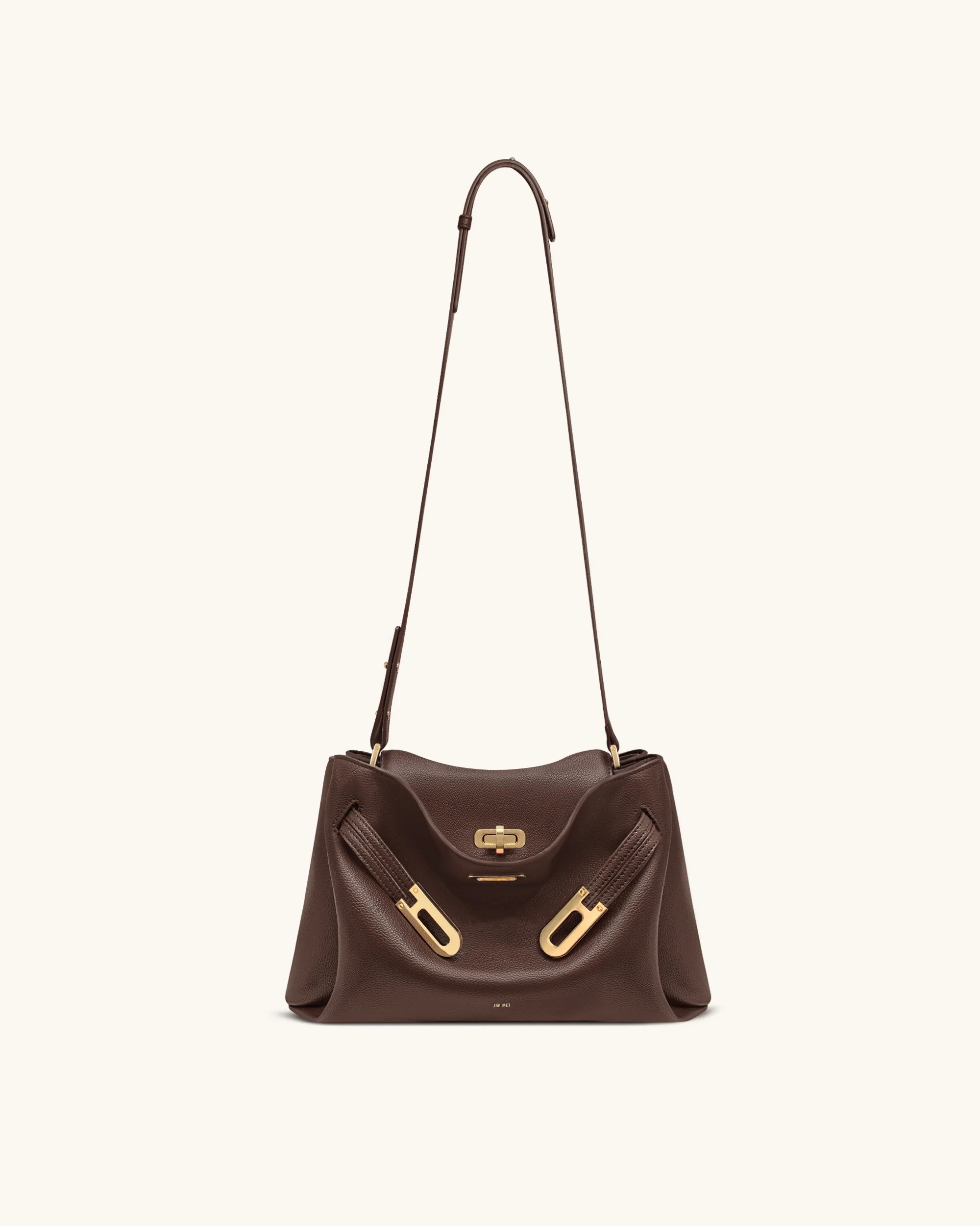 Rhea Pebbled Double Buckle Shoulder Bag - Dark Brown | JW PEI US