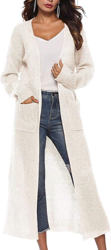 Womens Long Open Front Drape Lightweight Maxi Long Sleeve Split Cardigan Sweater with Pocket | Amazon (US)