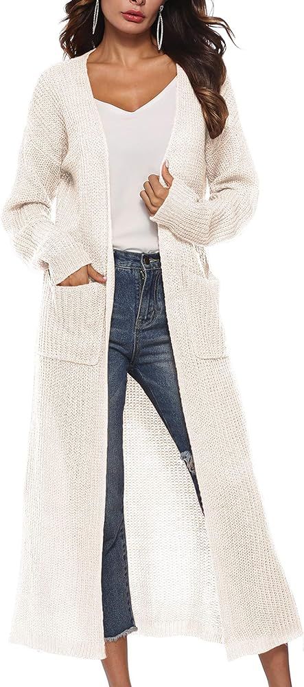 Womens Long Open Front Drape Lightweight Maxi Long Sleeve Split Cardigan Sweater with Pocket | Amazon (US)