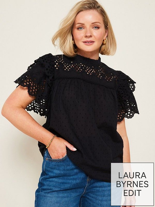 X Laura Byrnes Cotton Broderie Frill Sleeve Blouse - Black | Very (UK)