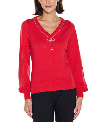 Women's V-Neck Rhinestone-Bow Sweater | Macy's