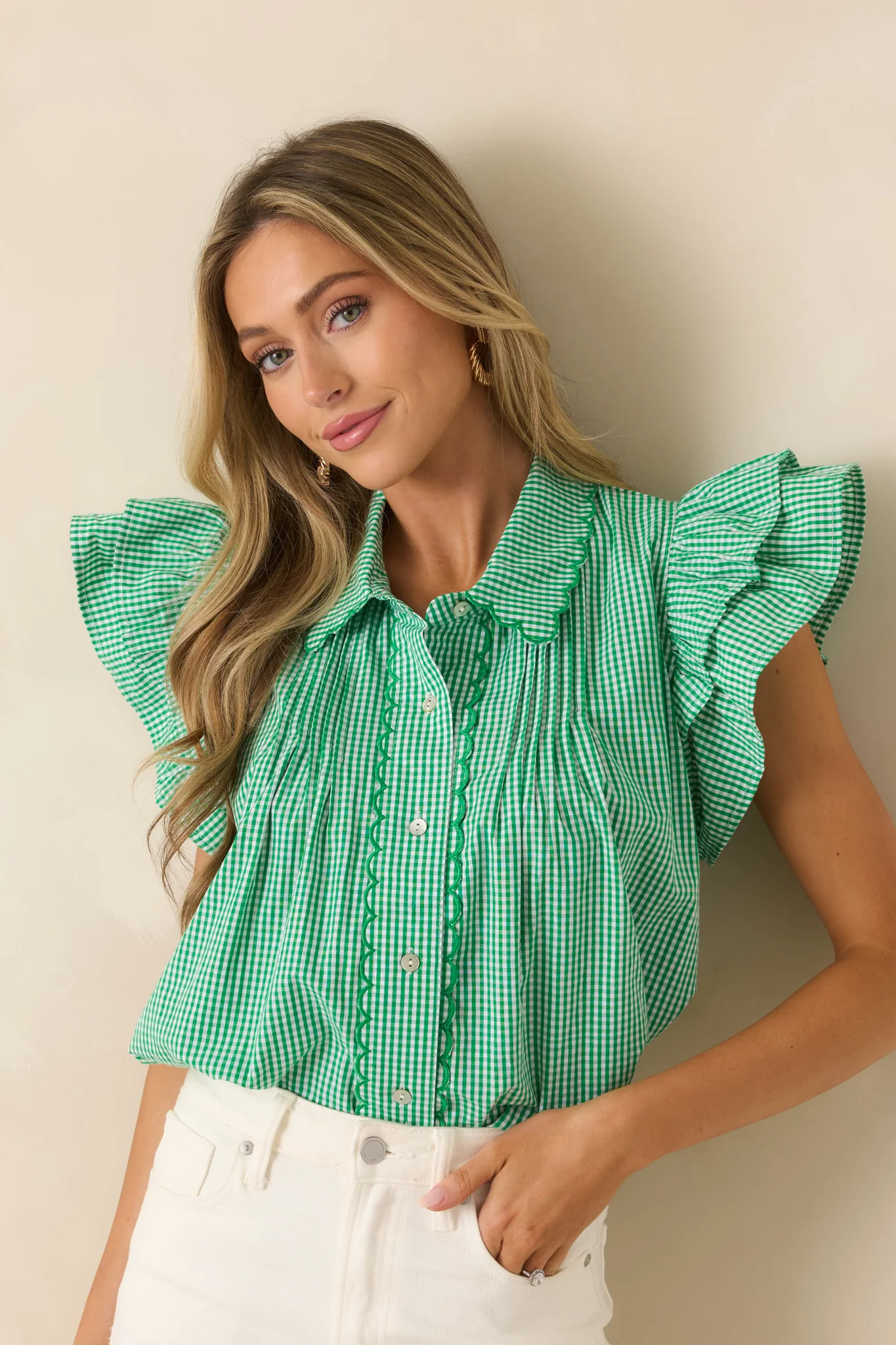 Stroll With My Sweetheart Green Gingham Cotton Flutter Sleeve Blouse | Red Dress