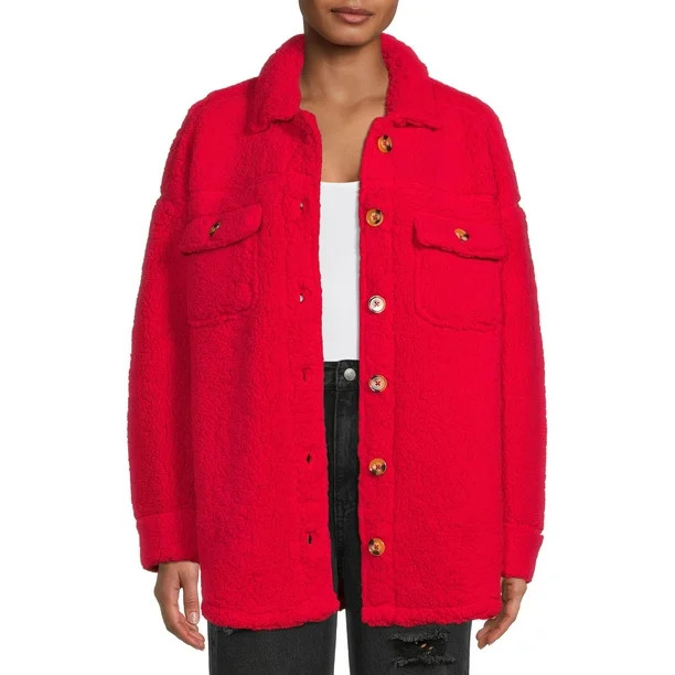 No Boundaries Juniors' Faux Sherpa Shacket | Walmart (US)