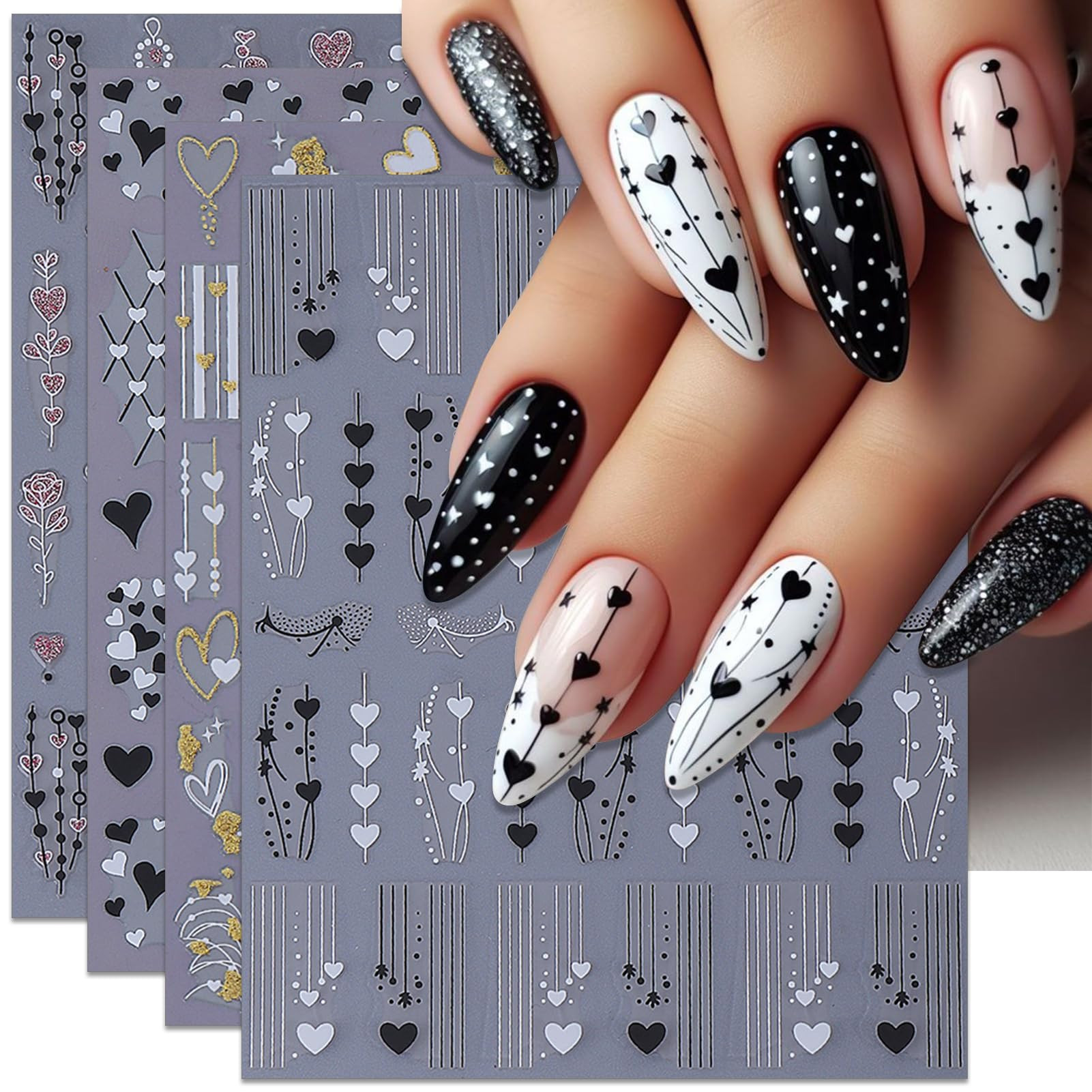 IDDFEVE Valentine's Day Nail Stickers - Black White Heart Line Self-Adhesive Nail Art Decals for ... | Amazon (US)
