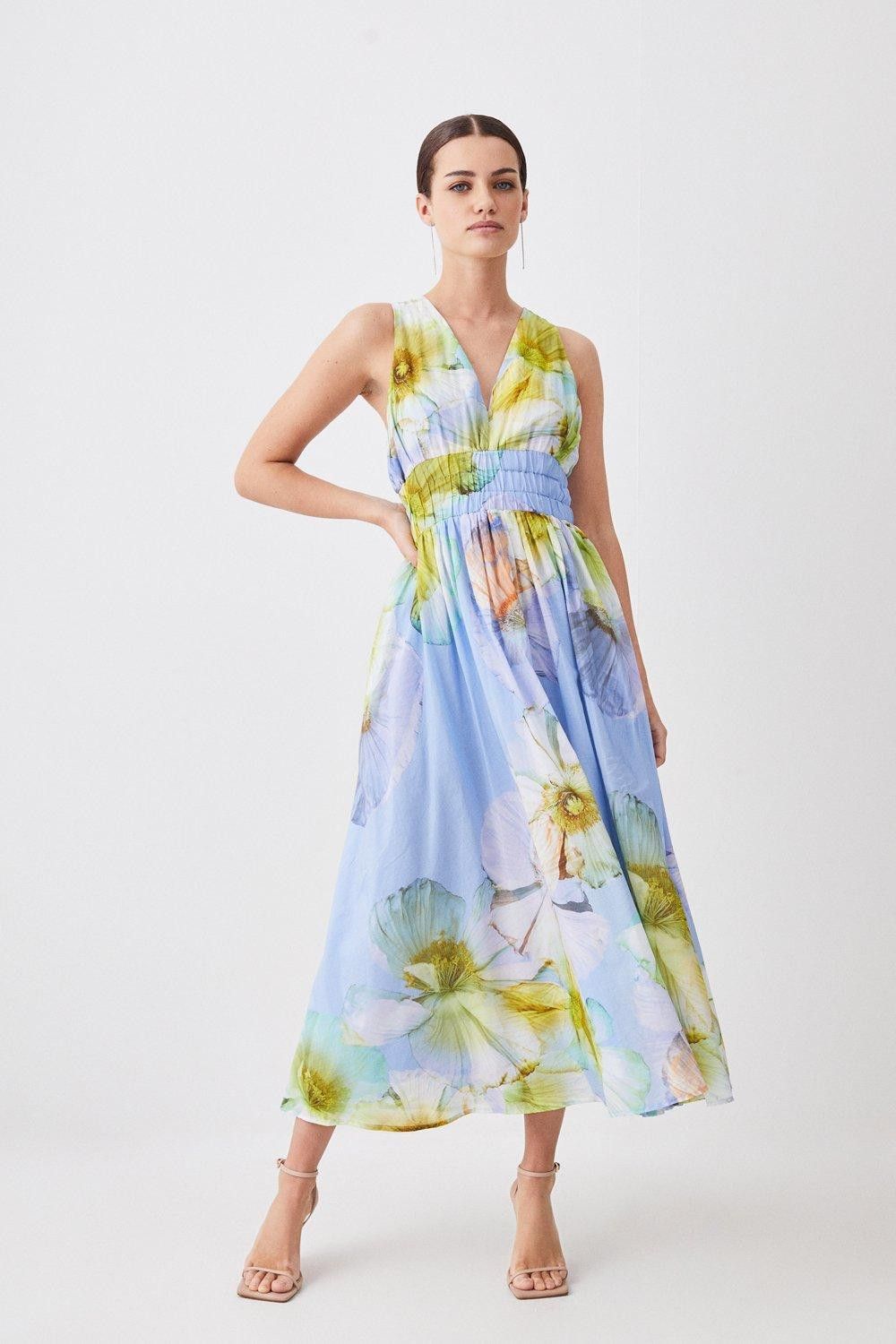 Petite Photographic Floral Sleeveless Silk Cotton Midi Dress | Karen Millen US