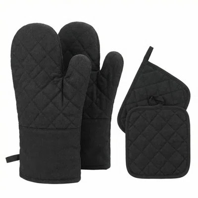 4pcs Heat Resistant Glove & Mat Set For Kitchen Baking Grilling, Cotton+silicone+polyester, Non-slip Pot Holder Oven Mitt Set | Wayfair North America