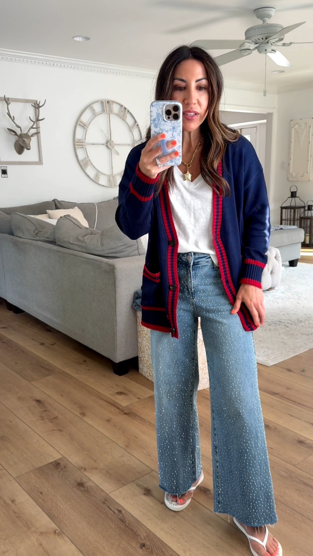 Rhinestone jeans, 25. I cut them. Cardigan small. V-neck T-shirt, XS.

#LTKOver40 #LTKPetite