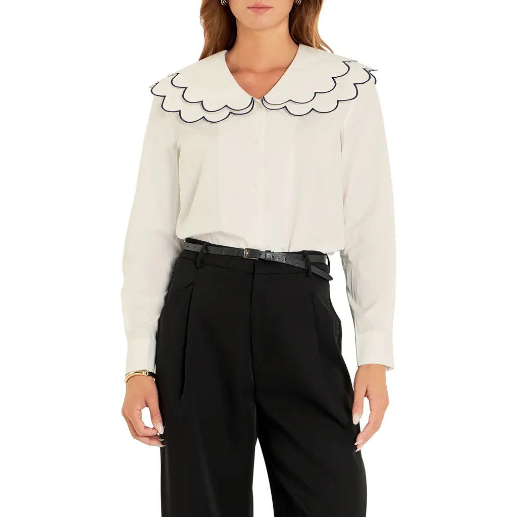 English Factory Scallop Embroidered Collar Shirt in White at Nordstrom, Size Large | Nordstrom