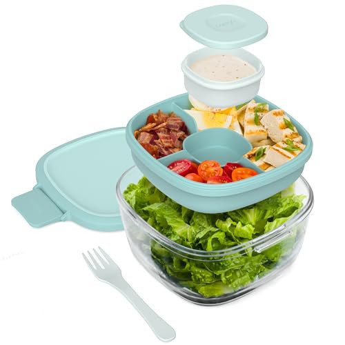 Bentgo Glass All-in-One Salad Container - Large 61-oz Salad Bowl with Lid, 4-Compartment Bento-Style Tray, 3-oz Sauce Container & Reusable Fork - Dishwasher, Microwave, Oven Safe (Coastal Seaglass) | Amazon (US)