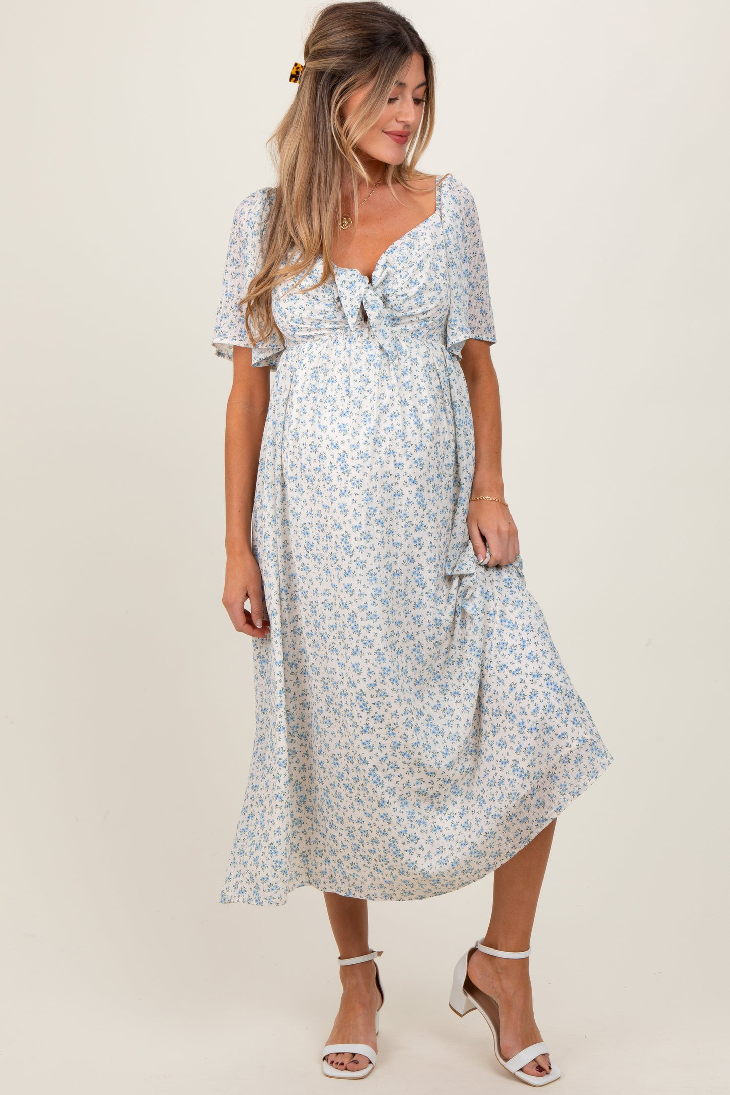 Blue Floral Front Tie Maternity Midi Dress | PinkBlush Maternity