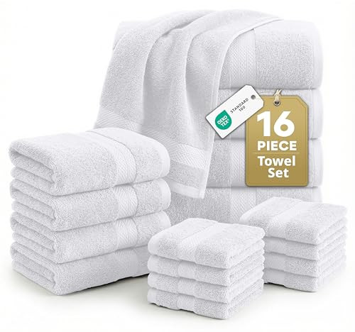 LANE LINEN 100% Cotton Bath Towel Set - 16 Pieces - Super Soft, Highly Absorbent & Quick Dry - 4 Bath, 8 Washcloths, 4 Hand Towels for Bathroom - Hotel Quality, Ideal for Spa, Gym & Travel - White | Amazon (US)