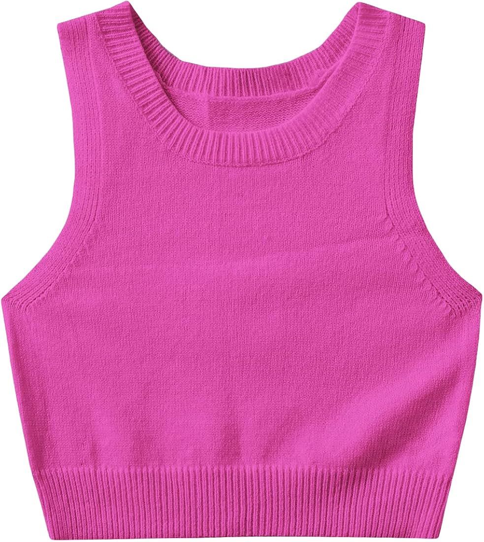 Women's Ribbed Knit Pullover Sweater Vest Sleeveless Round Neck Knitwear Crop Tank Tops | Amazon (US)
