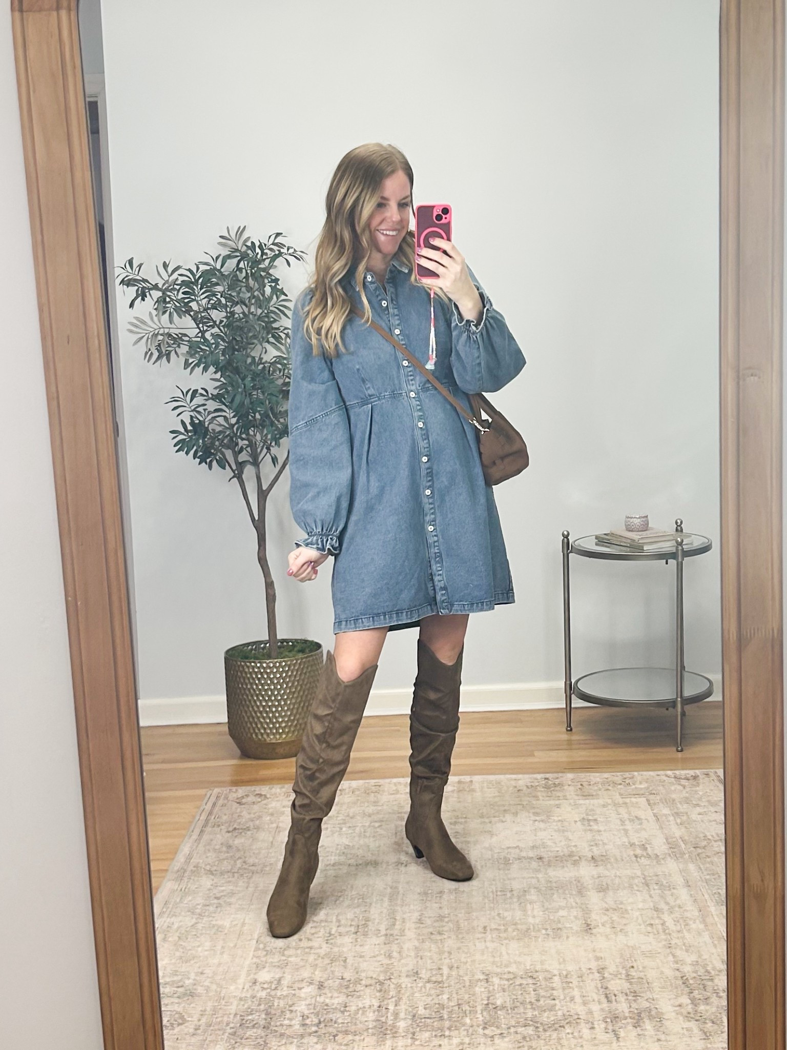 Head to toe lulus outfit perfect for the spring transition! Wearing size medium in the denim dress. Boots fit true to size. 

#LTKgrwm #LTKSeasonal #LTKootd