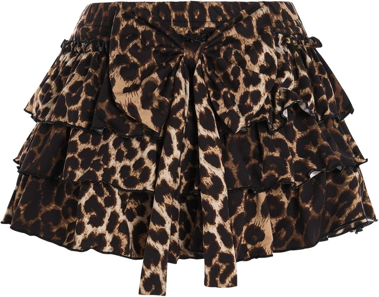Women's Leopard Print Ruffle Mini Skirt Tiered Layered A Line Y2K Short Cake Skirts | Amazon (US)