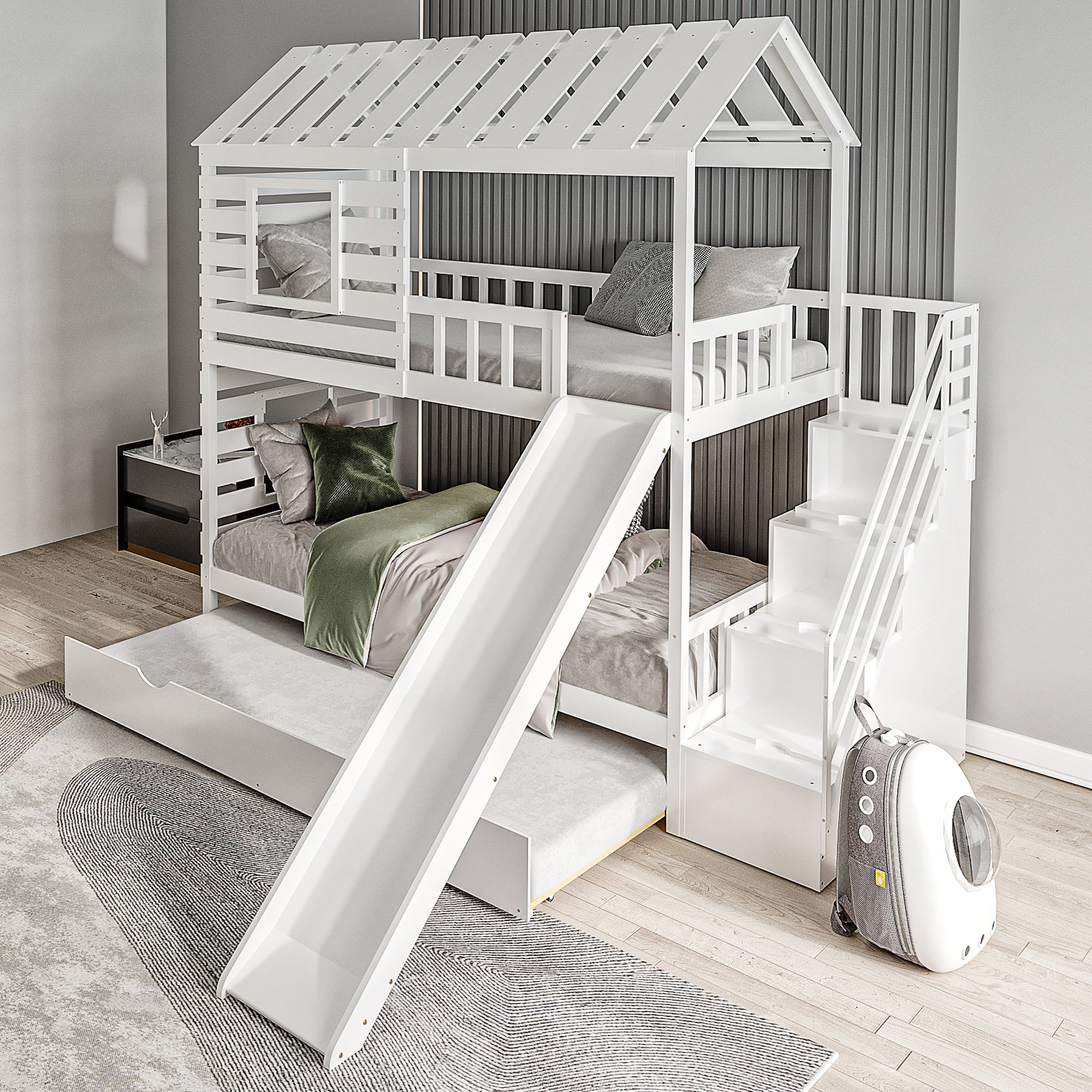 EUROCO Twin over Twin House Bunk Bed with Trundle and Staircase for Bedroom, White | Walmart (US)