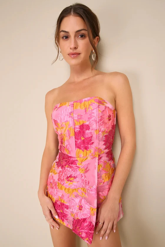 Sensational Excellence Pink Jacquard Strapless Skort Romper | Lulus