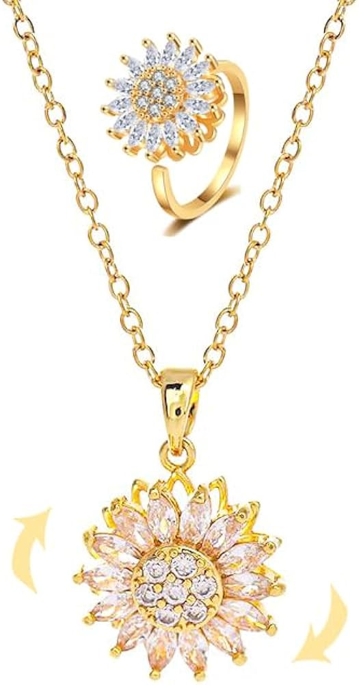 Cubic Zirconia Necklace Ring 2 PCS, Fidget Necklace, Sunflower Necklace 24k Gold Plated Titanium ... | Amazon (US)