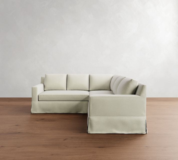 York Square Arm Slipcovered 3-Piece L-Shaped Corner Sectional with Bench Cushion, Down Blend Wrapped Cushions, Basketweave Slub Midnight | Pottery Barn (US)