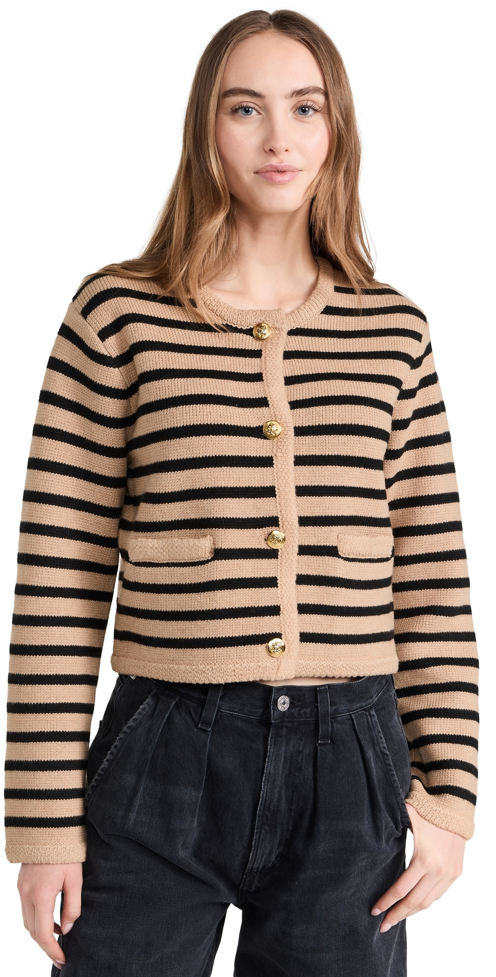English Factory Knit Striped Sweater Cardigan Tan/Black M | Shopbop