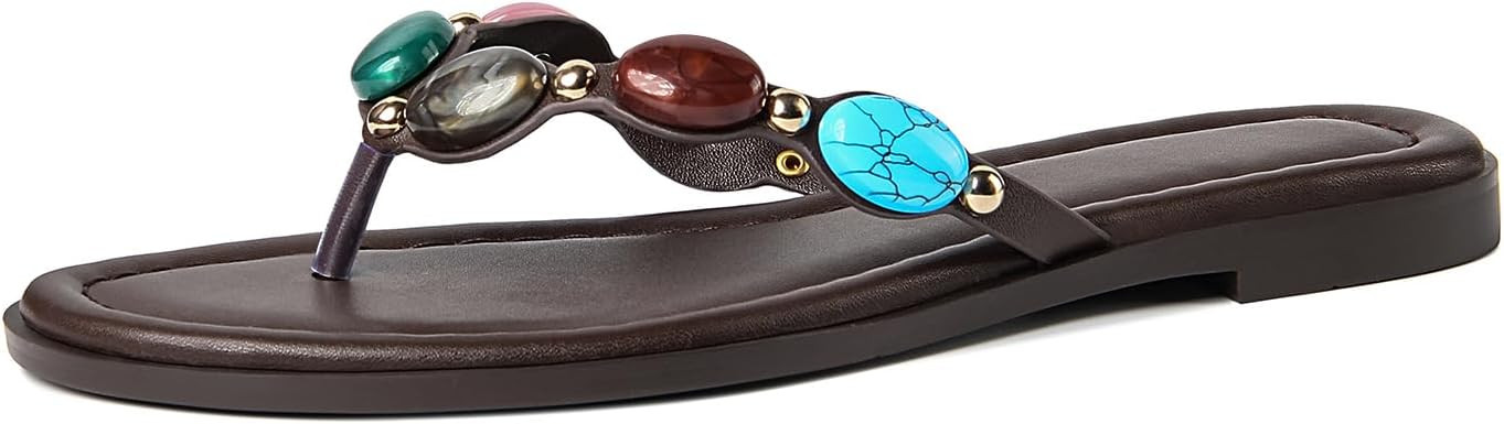 DREAMSTORY Womens Jeweled Flip Flops Flat Sandals with Cute Gems Open Round Toe Comfortable Slip ... | Amazon (US)