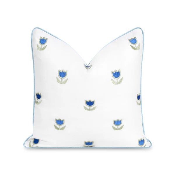 Coastal Indoor Outdoor Throw Pillow Cover, Embroidered Tulips Floral with Piping, Baby Blue Green... | Hofdeco