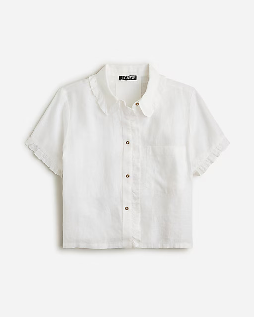 Ruffle-trim button-up shirt in linen | J. Crew US