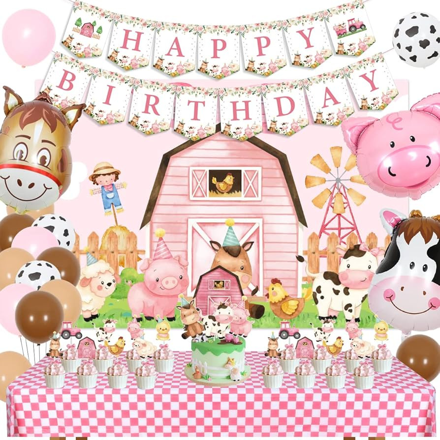 Pink Farm Birthday Party Decorations for Girls Farm Barnyard Happy Birthday Banner Cake Toppers P... | Amazon (US)