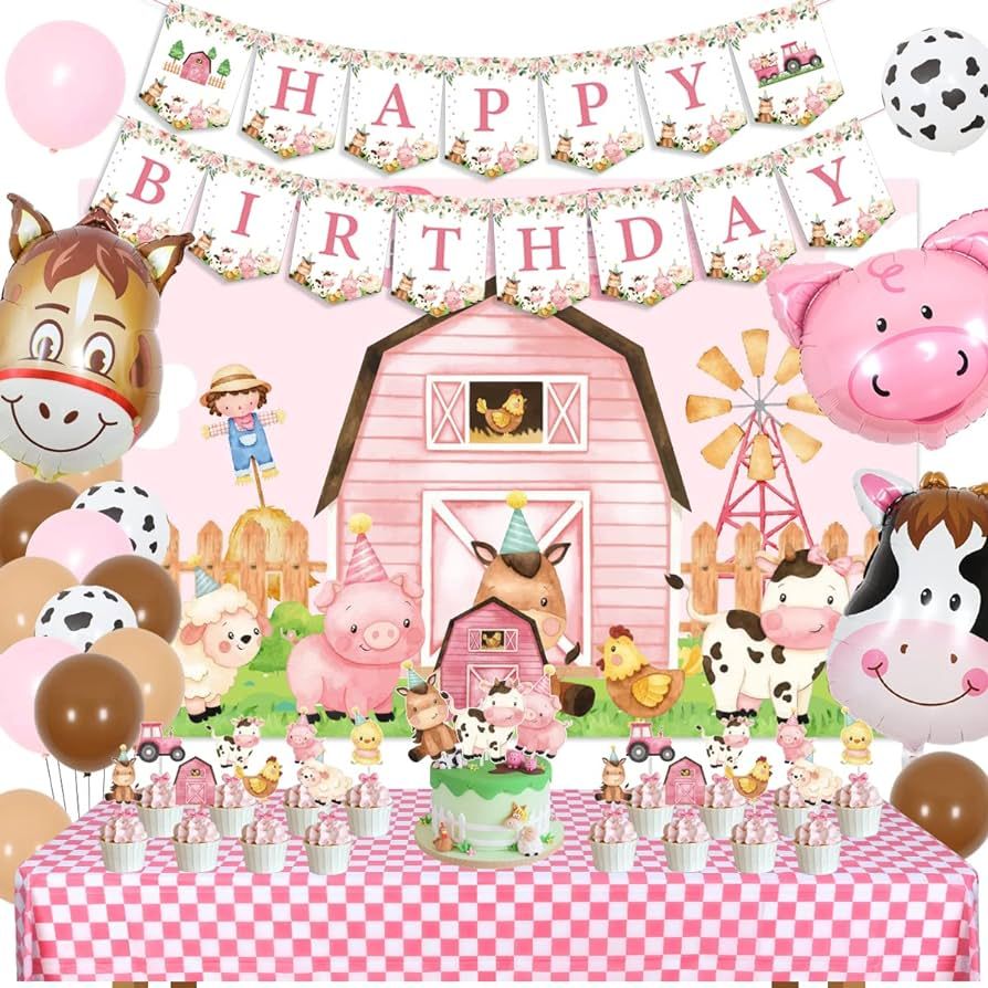 Pink Farm Birthday Party Decorations for Girls Farm Barnyard Happy Birthday Banner Cake Toppers P... | Amazon (US)