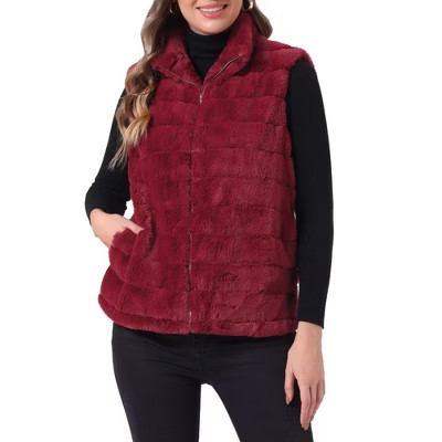 INSPIRE CHIC Women's Fuzzy Zip-Up Sleeveless Faux Fur Vest Small Red | Target