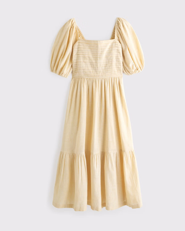 Women's The A&F Emerson Linen-Blend Puff Sleeve Midi Dress | Women's Clearance | Abercrombie.com | Abercrombie & Fitch (US)