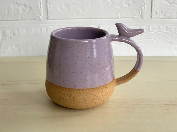 Speckled Clay Mug, Handcrafted Pottery Mug, Glazed in Lilac Purple, Bird Thumb Rest, 12 oz Coffee... | Etsy (US)